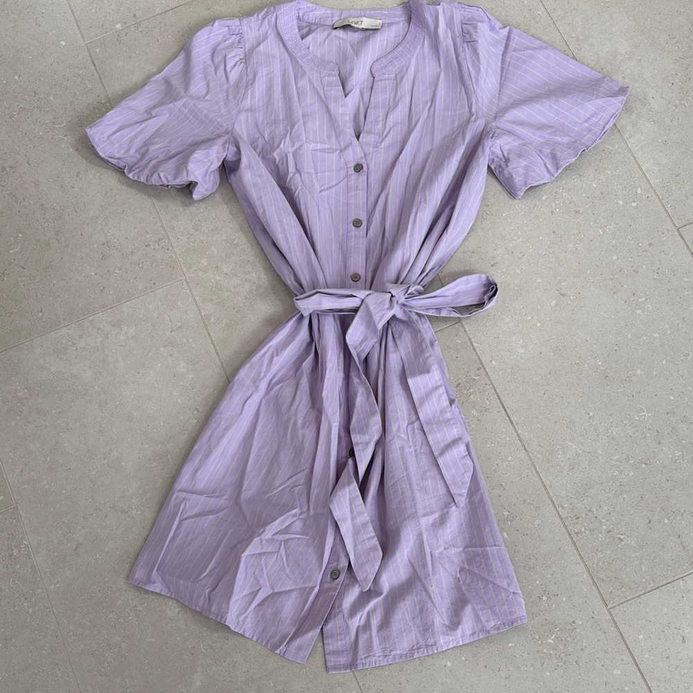 LOFT Lilac Striped Dress with Tie Waist